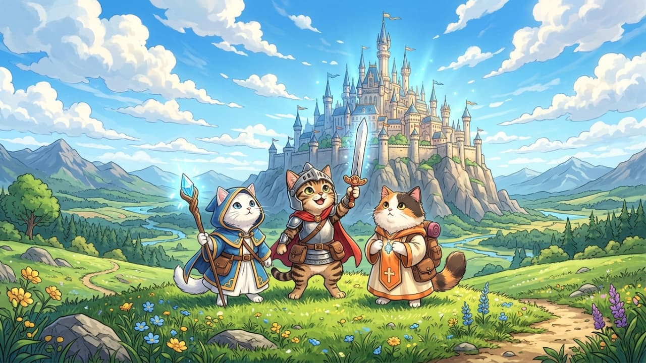 「にゃんこ勇者パーティー、いざ出陣！⚔️✨あなたならどの職業の猫と一緒に旅に出る？🏰🐾 #ファンタジー #RPG」Ultra-realistic high-quality concept artwork of three cats (white, brown tabby, and calico) dressed as an RPG mage, knight, and cleric, standing in a lush green meadow. The bright, vibrant fantasy landscape features a majestic castle, mountains, and a clear blue sky, capturing an epic adventure atmosphere. RPGのキャラクター（魔法使い、騎士、僧侶）の衣装を着た3匹の猫（白猫、キジトラ、三毛猫）が、美しい緑の草原に立つファンタジーイラスト。背景には壮大な城と山脈、青空に浮かぶ雲が描かれており、明るく鮮やかな色彩と繊細な描き込みが冒険の始まりを予感させます