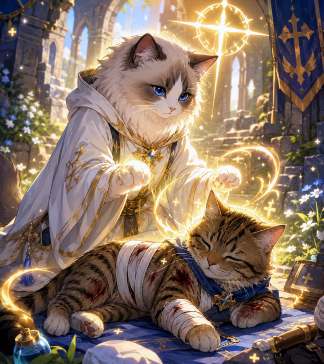 「「痛いの痛いの、飛んでいけにゃ〜！」💫 聖なる光の魔法で、仲間を優しく癒やす白猫のプリーストさん🐈👼 #猫RPG」Ultra-realistic high-quality image of a white fluffy cat cleric casting a glowing holy healing spell on an injured tabby cat adventurer in sunny ancient ruins. 古代遺跡の陽だまりの中で、傷ついたキジトラ猫の冒険者に神聖な光の回復魔法をかける、白い長毛種の猫の僧侶。ファンタジーRPGの回復シーンを描いた高品質な画像