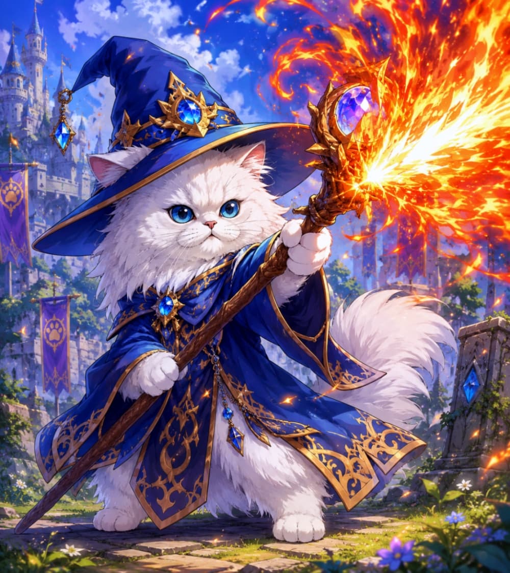 「「我の紅蓮の炎、とくと味わうにゃ！」🔥 青いローブがカッコいい、モフモフ大魔道士の強力な一撃！🧙‍♂️✨ #猫RPG」Ultra-realistic high-quality image of a white fluffy cat mage in a blue robe and pointed hat casting a fierce fire magic spell from a staff. 青いローブととんがり帽子を身にまとい、先端から激しい炎の魔法を放つ杖を構えた、白い長毛の猫の魔道士。ファンタジーRPGの魔法攻撃シーンを描いた高品質な画像