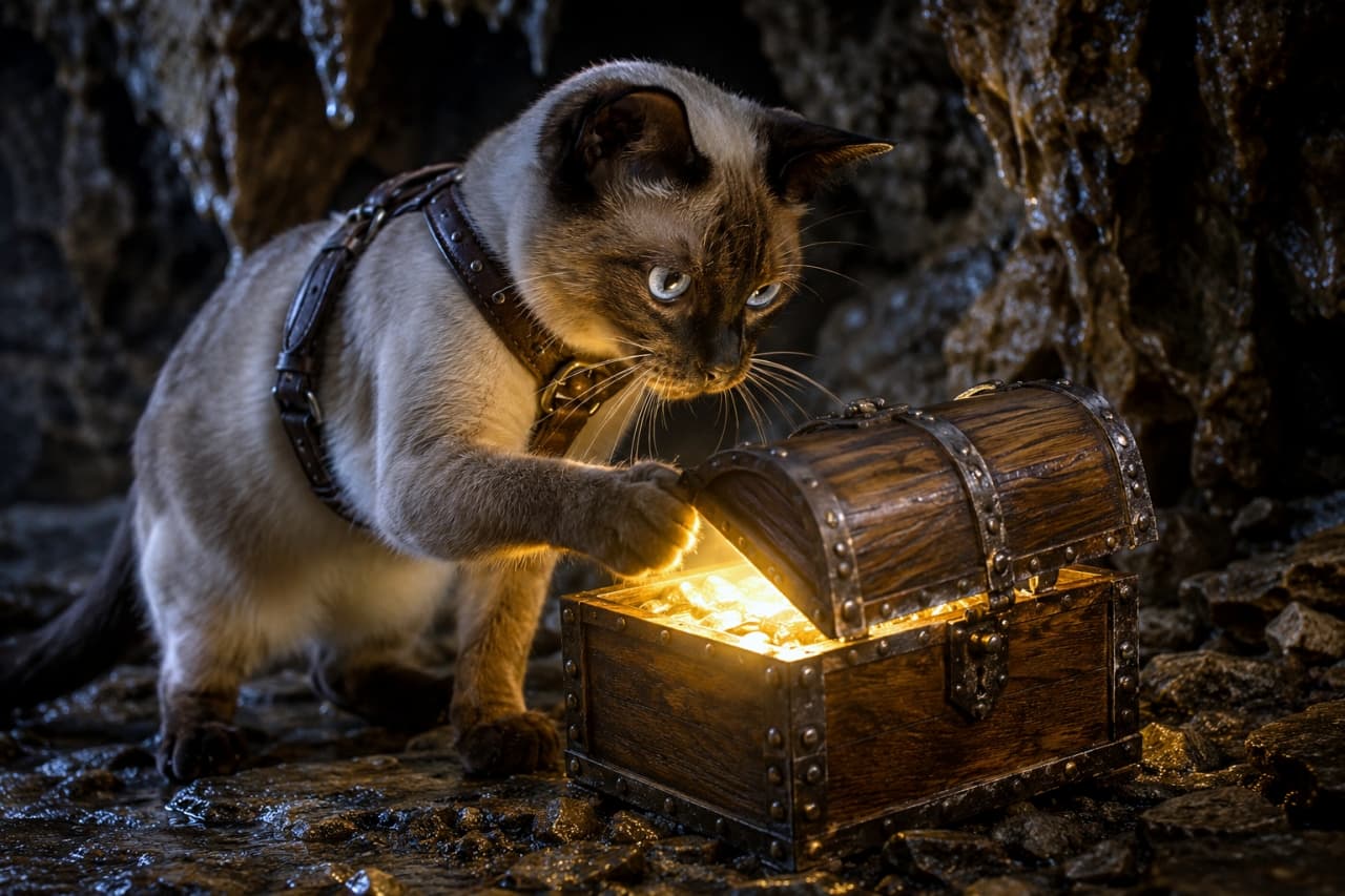 「ついに見つけたニャ…!💎✨ 洞窟の奥に隠された、光り輝くお宝を独り占めニャ🐾🗝️」Ultra-realistic high-quality photograph of a Siamese-style adventurer cat opening a glowing treasure chest inside a dark, rocky cave. シャム猫風の冒険者猫が、薄暗い洞窟の中で光り輝く宝箱をそっと開けています。中から溢れる金貨の輝きが猫の顔を照らしている幻想的なシーン