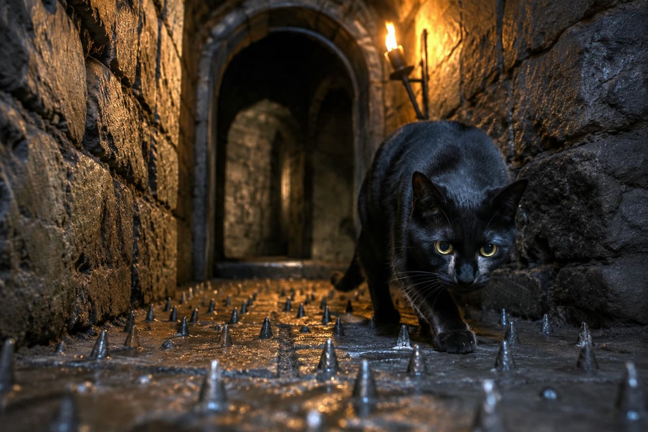「この先に何があるのか…。🐈⬛🔥 罠だらけのダンジョンを物ともせず進む、黒猫冒険者の勇姿に釘付け!」Ultra-realistic high-quality photograph of a sleek black cat navigating a dark stone dungeon filled with floor spikes, illuminated by a flickering wall torch. Cinematic and tense atmosphere. 松明の炎が壁を照らす暗い石造りの地下道で、床に敷き詰められた鋭いスパイクの罠を避けながら、鋭い目つきでこちらへ歩いてくる黒猫。映画のようなドラマチックなライティング