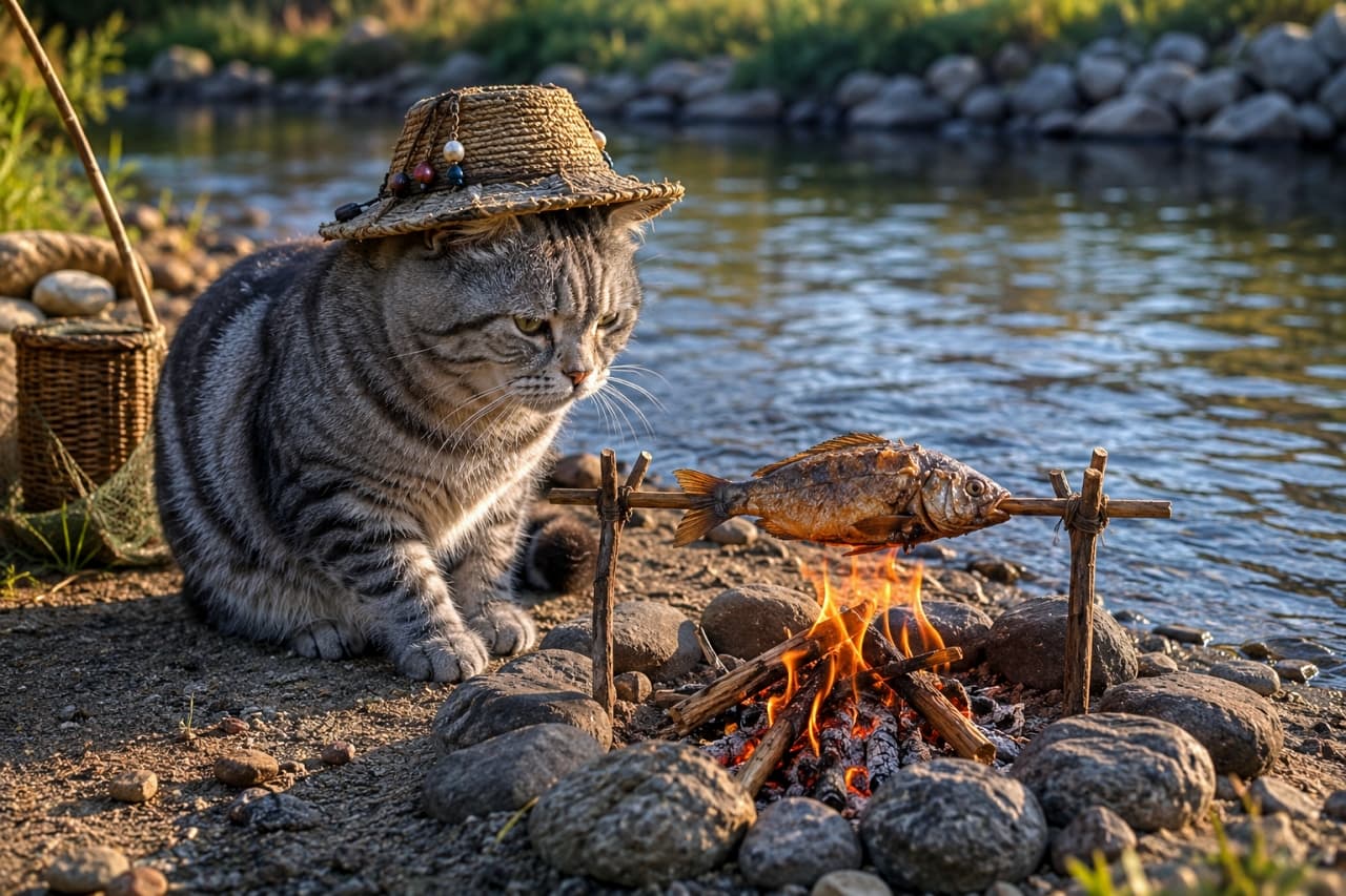 「冒険の合間のひとやすみ⛺🔥川で釣ったお魚をじっくり焼いてるニャ。美味しそう…🤤🐾」Ultra-realistic high-quality photograph of a tabby cat wearing a straw hat, sitting by a riverbank and grilling a fish on a spit over a campfire. 麦わら帽子を被ったキジトラ猫が、川辺のキャンプファイヤーで串刺しの魚を焼いている、のどかで高画質なリアル写真
