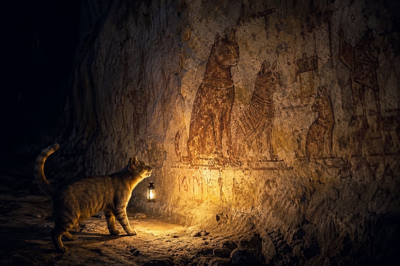 「謎解きの時間ニャ🔦遺跡で古代の猫神様(?)の壁画を発見!どんな秘密が隠されてるのかな?🐈✨」Ultra-realistic high-quality photograph of a cat holding a lit lantern in its mouth, exploring a dark cave and looking up at an ancient mural of giant cats on the wall. 薄暗い洞窟の中で、口にランタンをくわえた猫が、壁に描かれた巨大な猫の古代壁画を見上げている、神秘的で高画質なリアル写真