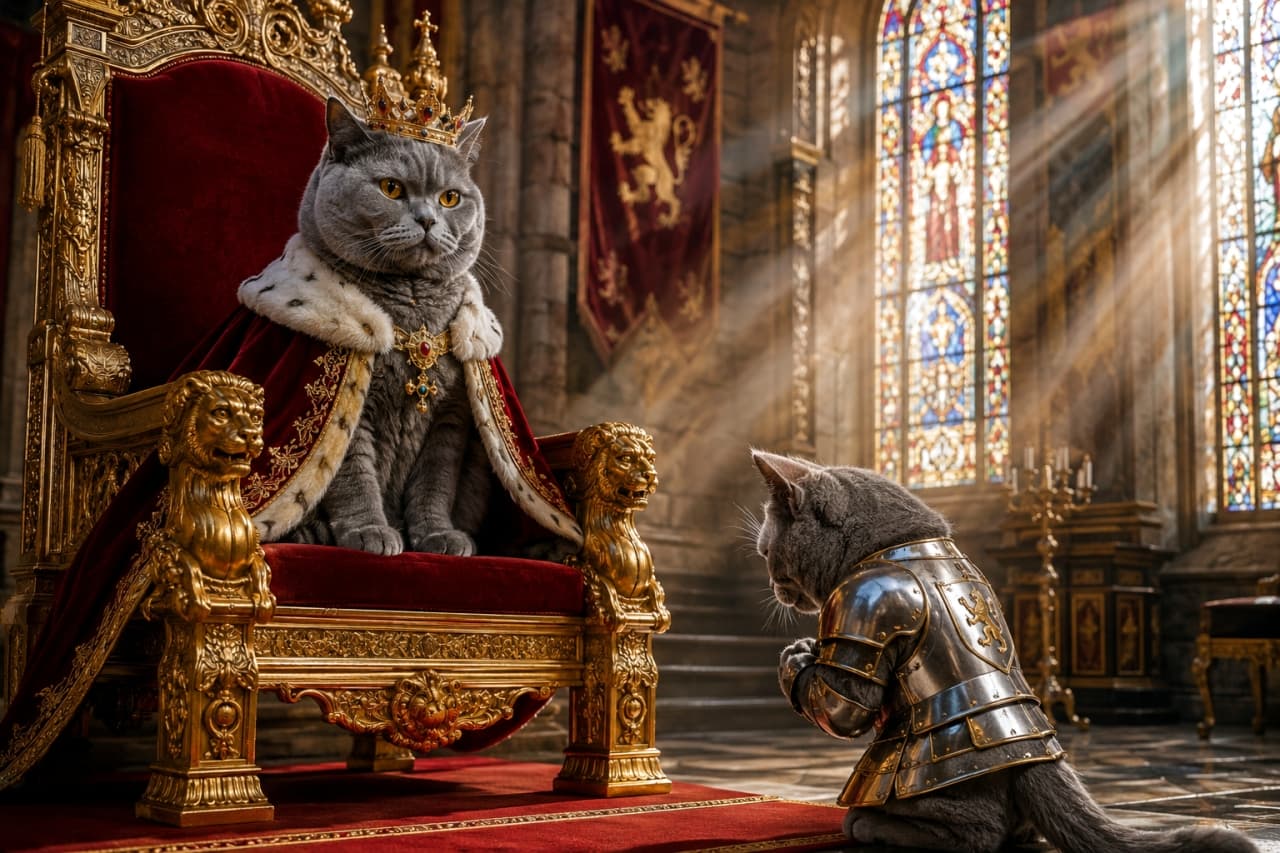 「我が王よ、この剣と命を貴方様に捧げますニャ!⚔️✨壮大な王道ファンタジーの世界🏰」An ultra-realistic high-quality photograph of a majestic gray cat wearing a crown and a red mantle sitting on a golden throne, while a cat wearing armor kneels before it, inside a grand cathedral with light streaming through stained glass. ステンドグラスから光が差し込む荘厳な大聖堂で、王冠と赤いマントを身につけた威厳あるグレーの猫が黄金の玉座に座り、その前に鎧を着た猫がひざまずいているリアルな写真