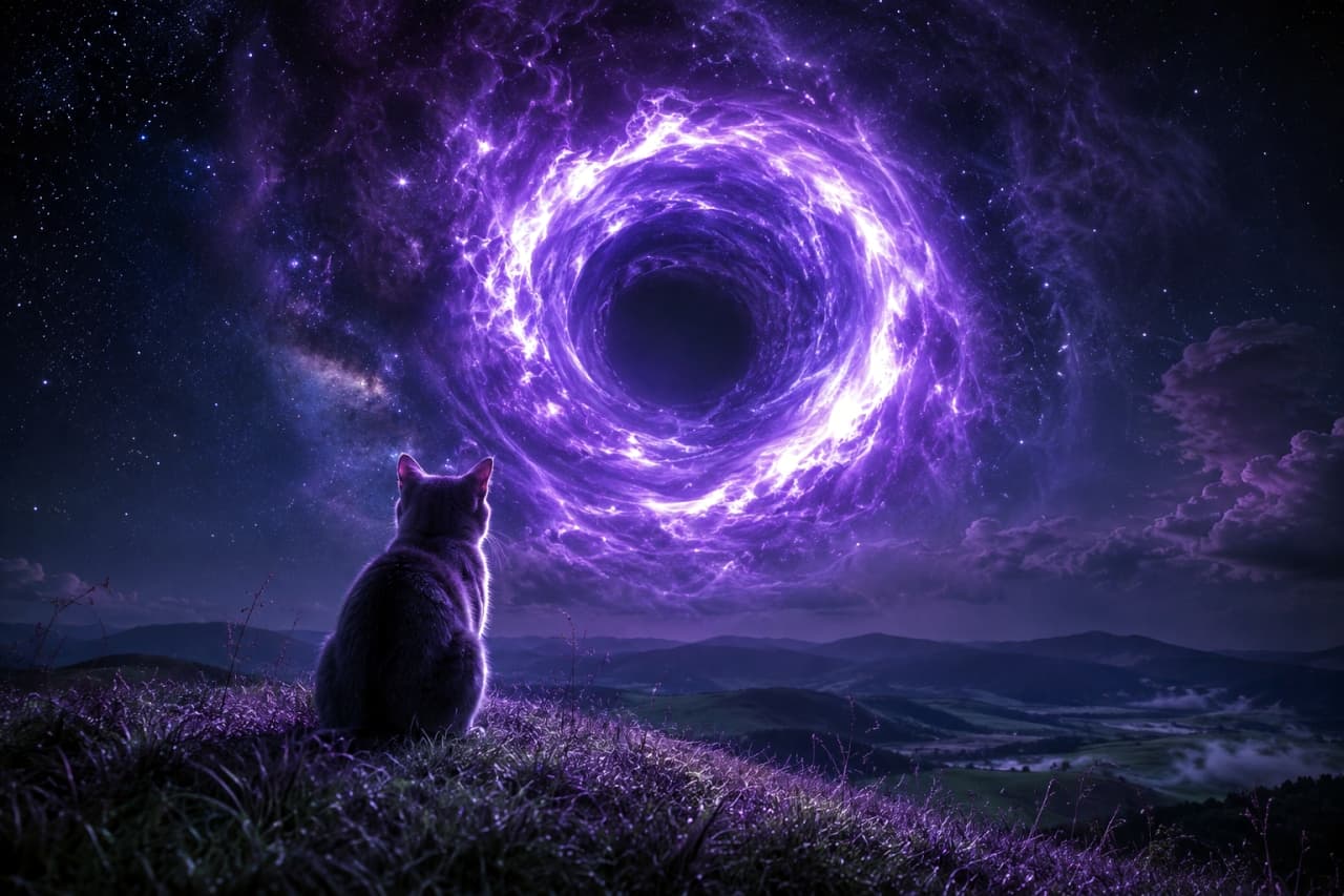 「異世界への扉が開いた!?🌌神秘的な紫の渦を見つめる猫ちゃんの背中から目が離せない🐈✨」Ultra-realistic high-quality photograph of a cat sitting on a grassy hill at night, looking up at a massive, glowing purple magical portal swirling in the starry sky. 夜の丘に座る猫の後ろ姿が、星空に開いた巨大で輝く紫色の魔法の渦を見上げている、幻想的で高画質なリアル写真