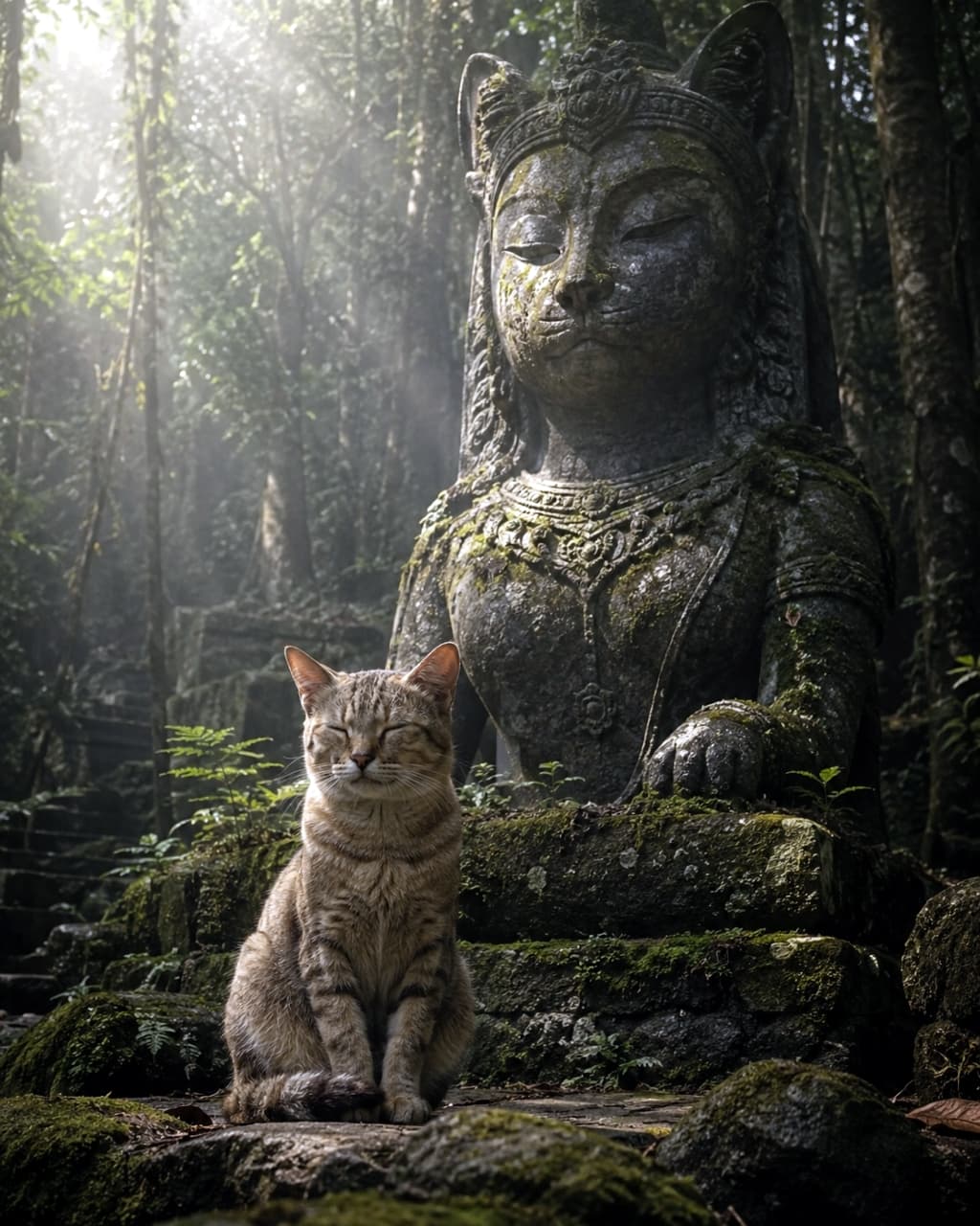 「森の守護神にご挨拶🙏✨木漏れ日の中、巨大な猫の石像の前で静かに瞑想する姿が神々しい🐈🌿」Ultra-realistic high-quality photograph of a cat sitting peacefully with its eyes closed in front of a giant, moss-covered ancient cat stone statue in a sacred sunlit forest. 木漏れ日が差し込む神聖な森の中で、苔むした巨大な猫の石像の前に、一匹の猫が目を閉じて静かに座っている、神秘的で高画質なリアル写真
