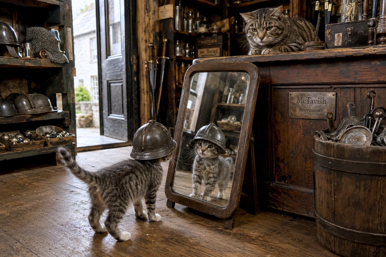 「似合ってるかな?🐾🪖 鏡の前でキメ顔の子猫ちゃんと、優しく見守る先輩猫のコンビが最高にキュート!💖 #猫好きさんと繋がりたい #子猫の成長」Ultra-realistic high-quality photograph of a tabby kitten wearing a small metal helmet looking at its reflection in a mirror inside an antique shop. An adult tabby cat watches over it from the counter on the top right. アンティーク調の道具屋で、金属製の小さな兜を被り、鏡に映る自分の姿を見つめるキジトラの子猫の高画質写真。右上にはカウンターの上からそれを見守る大人のキジトラ猫がいる