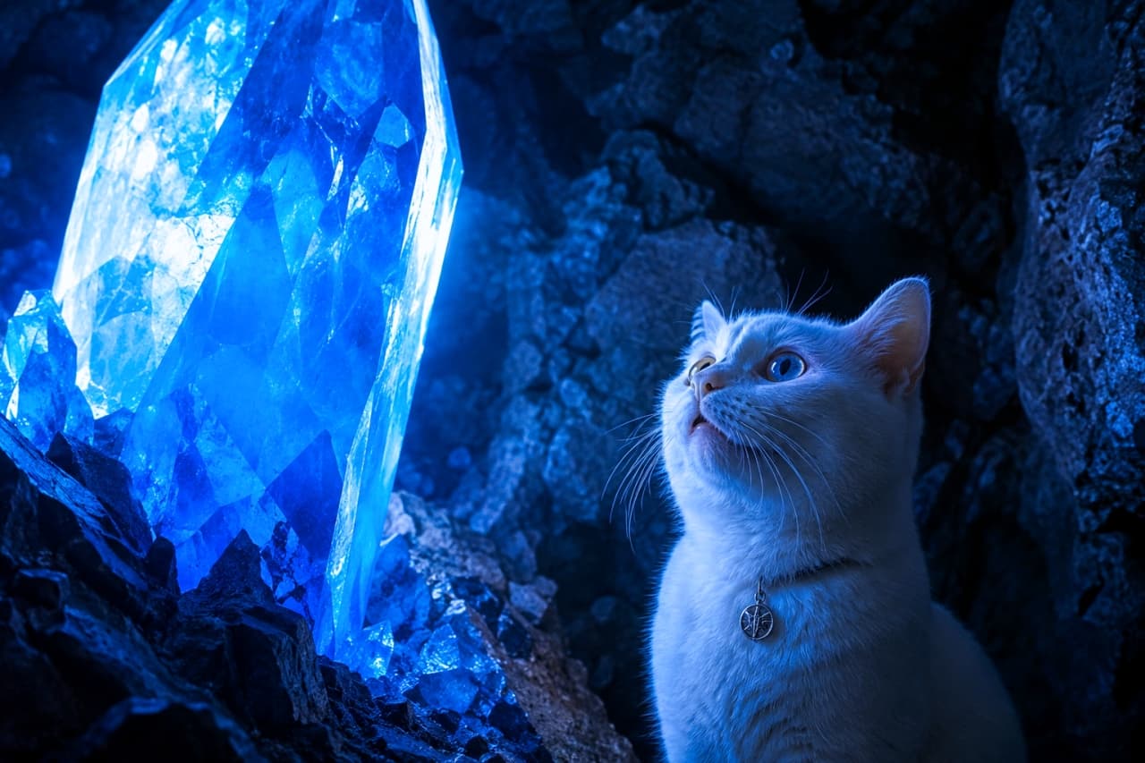 「この蒼い輝きに吸い込まれそう…💎💙深淵の洞窟で出会った、魔法の原石と運命の出会いだニャ🐾✨」Ultra-realistic high-quality photograph of a mystical white cat staring at the blinding light from a giant blue crystal in a dark, rocky cave. The blue glow vividly highlights its white fur and blue eyes. 暗い岩場の洞窟内で、巨大な青い水晶から放たれる眩い光を静かに見つめる白猫のシネマティックな写真。青い光が猫の白い毛並みと美しいブルーの瞳を鮮烈に際立たせている