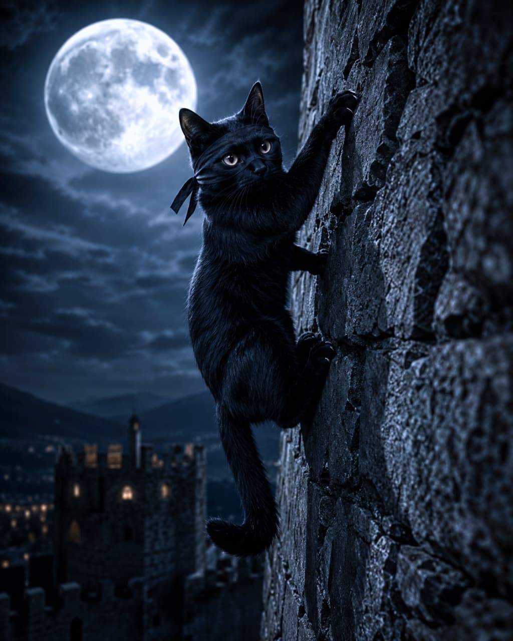 「満月の夜は忍びの任務にゃ🌙✨城壁を軽々と登る黒猫忍者の身のこなしがクールすぎる!🐈⬛💨」Ultra-realistic high-quality photograph of a ninja black cat wearing a dark blindfold, climbing a stone castle wall under a bright full moon in the night sky. 満月が輝く夜空の下、目隠し風の黒い布を巻いた黒猫が、お城の石壁を忍者のように登っている、高画質でリアルなダークファンタジー写真