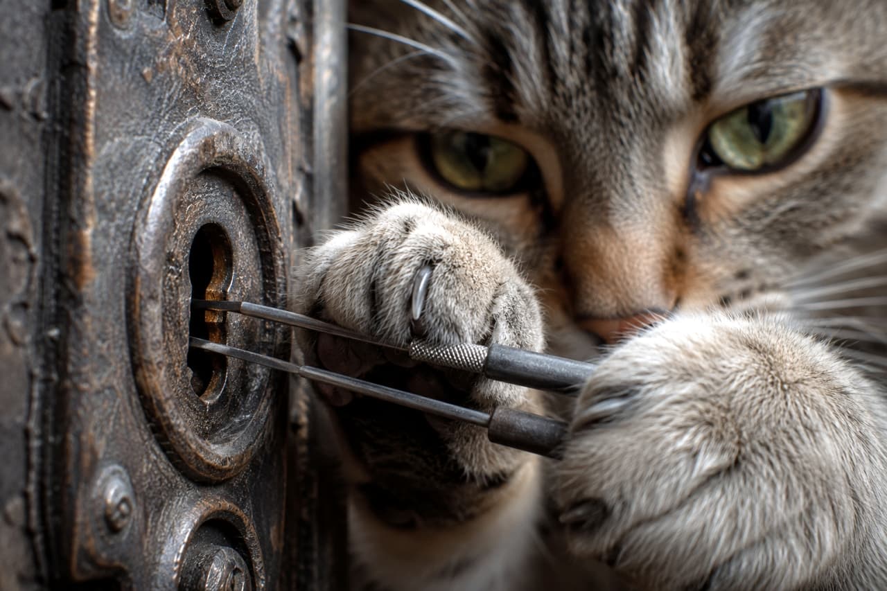 「開けられない鍵はないニャ😼✨真剣な眼差しでピッキングに挑む盗賊猫ちゃん、お見事!🐾🔓」Ultra-realistic high-quality close-up photograph of a cat's paws skillfully using lockpicking tools on an antique metal keyhole, conveying a sense of tension. アンティークな金属製の鍵穴に対し、猫の肉球がピッキングツールを器用に操っている、緊張感のあるクローズアップの高画質リアル写真