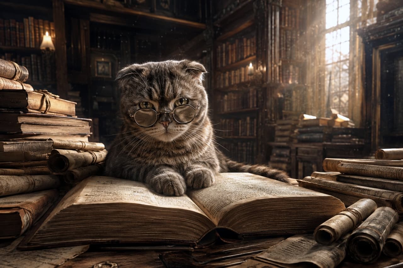 「探し物ならこの僕に聞くニャ!📚🕵️♂️何千冊もの本からピッタリの一冊を見つけるニャ✨」An ultra-realistic high-quality photograph of a Scottish Fold wearing round glasses, resting its paws on a thick open book on a desk in an old library, staring intently at the viewer. Ancient scrolls and books are piled up around it. 古い図書館の机で、丸メガネをかけたスコティッシュフォールドが開かれた分厚い本の上に前足を置き、こちらをじっと見つめている高画質な写真。周囲には古い巻物や本が山積みになっている