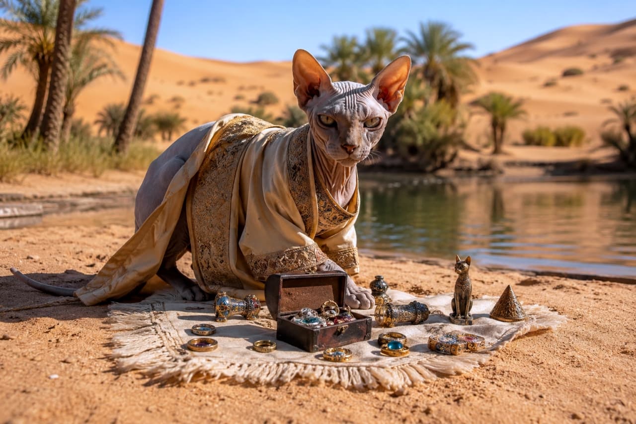 「灼熱の砂漠を越え、ついに幻の宝を見つけたニャ!👑✨エキゾチックな魅力にドキドキ🐪」An ultra-realistic high-quality photograph of a Sphynx cat dressed in a luxurious golden outfit, sitting in front of a rug spread with an open treasure chest, various jewels, and gold ornaments, against the backdrop of a sunny desert oasis. 太陽が照りつける砂漠のオアシスを背景に、豪華な金色の衣装をまとったスフィンクス猫が、開かれた宝箱と数々の宝石や金の装飾品が広げられた絨毯の前に座っているリアルな写真