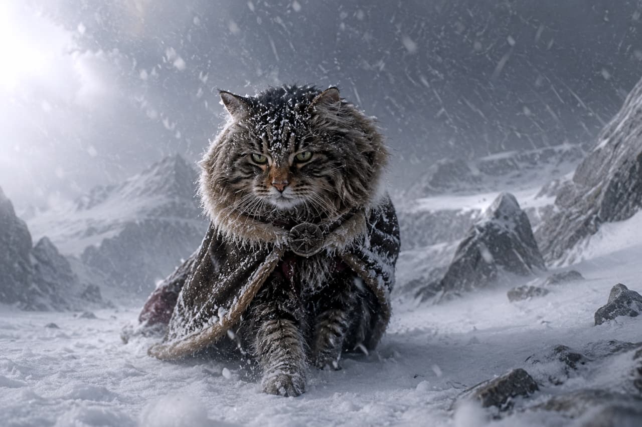 「吹雪になんて負けないニャ!🐾伝説の防具を求めて、いざ雪山の頂上へ!⛄️❄️」An ultra-realistic high-quality photograph of a fluffy cat wearing a thick hooded cloak, powerfully walking forward in a severe blizzard in the snowy mountains, with snow accumulating on its head and body. The harsh cold and the cat's determination are conveyed. 猛吹雪の雪山で、頭や体に雪を積もらせながら、厚手のフード付きマントを羽織った長毛種の猫が力強く歩みを進めている超高画質な写真。厳しい寒さと猫の決意が伝わる