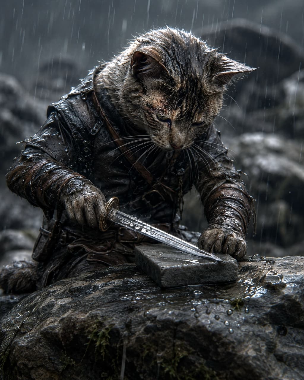 「戦いの準備は怠らないニャ😼☔雨に打たれながら黙々と剣を研ぐ戦士猫、渋くてかっこいい!⚔️🐾」Ultra-realistic high-quality photograph of a wet warrior cat in leather armor, intently sharpening a short sword on a whetstone atop a rock amidst heavy rain. 激しい雨の中、革の鎧を着たずぶ濡れの猫が、岩の上で真剣な表情で短剣を砥石で研いでいる、ドラマチックで高画質なリアル写真