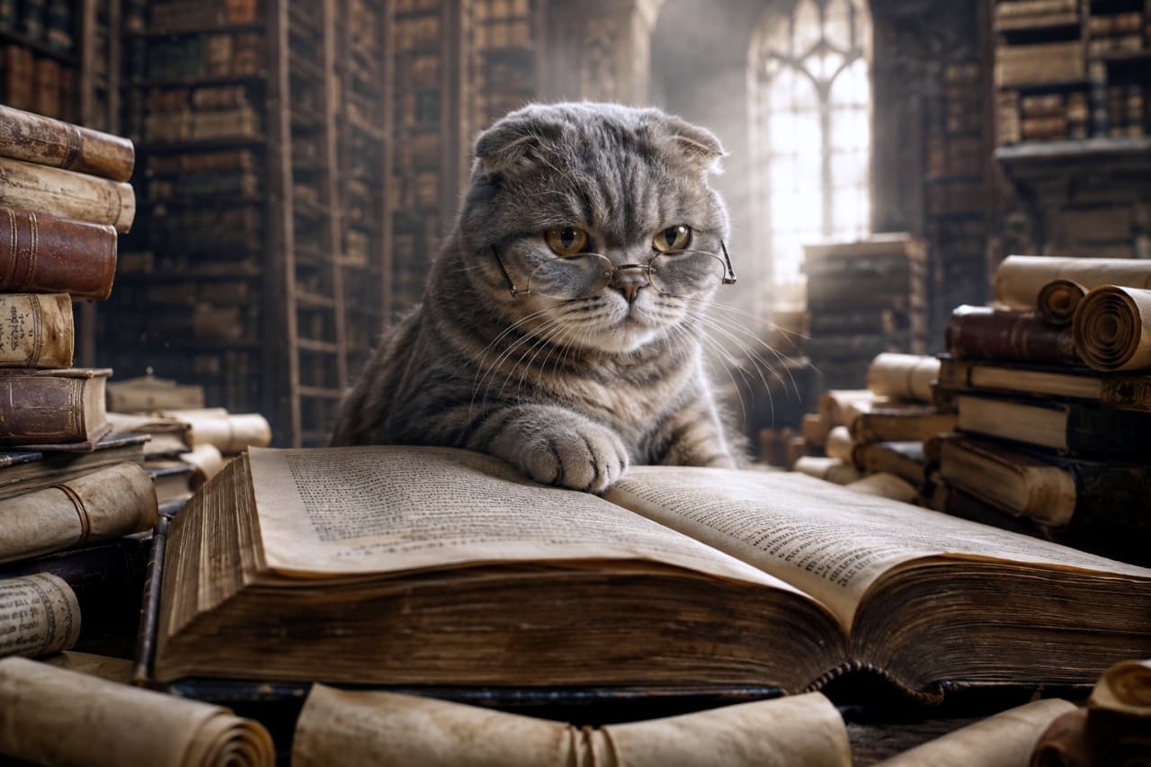 「ふむふむ、この魔法の呪文はこう唱えるのかニャ…📜✨知的な猫ちゃんにメロメロ💕」An ultra-realistic high-quality photograph of a Scottish Fold wearing round glasses, placing its paws on a giant ancient book with a serious expression, reading in an old library lined with massive bookshelves. The light shining through the window is divine. 重厚な本棚が並ぶ古い図書館で、丸メガネをかけたスコティッシュフォールドが巨大な古書に前足を乗せ、真剣な表情で読書をしているリアルな写真。窓から差し込む光が神々しい