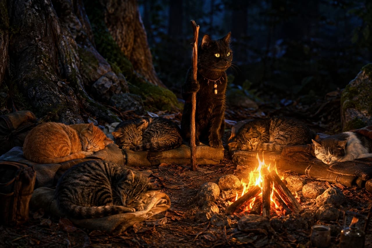 「みんなはゆっくり休むニャ🌙僕が朝まで見張っているから安心するニャ🐾🔥」An ultra-realistic high-quality photograph of a black cat holding a wooden staff, standing guard over its companions who are sleeping on blankets around a campfire in a night forest. The contrast between the warm firelight and the darkness of the night is beautiful. 夜の森で焚き火を囲んで毛布で眠る数匹の猫たちと、木の杖を持って立ち上がり、仲間を見張っている黒猫のリアルな写真。暖かな炎の光と夜の闇のコントラストが美しい