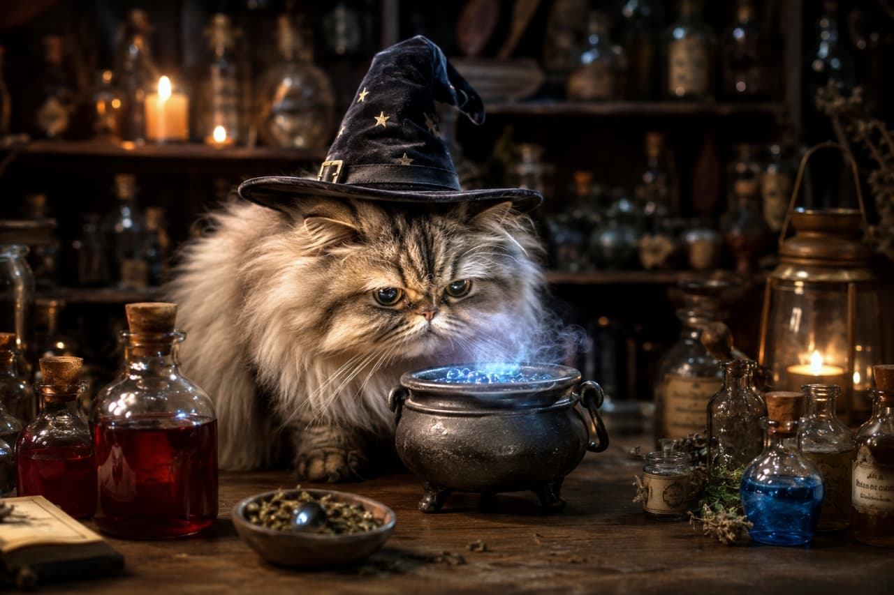 「今夜の秘薬は、またたび倍増ニャ…🧪✨ 魔法使い猫さんの調合タイムをこっそり覗き見!🐈⬛🌙」Ultra-realistic high-quality photograph of a long-haired cat wearing a wizard hat, sitting before a steaming cauldron in a dark, atmospheric alchemist room filled with herbs and glowing bottles. 長毛の猫が魔法使いの帽子を被り、大釜の前で真剣な表情を浮かべています。背景にはたくさんの薬草や不思議な瓶が並び、幻想的な光が漂うファンタジーな室内風景