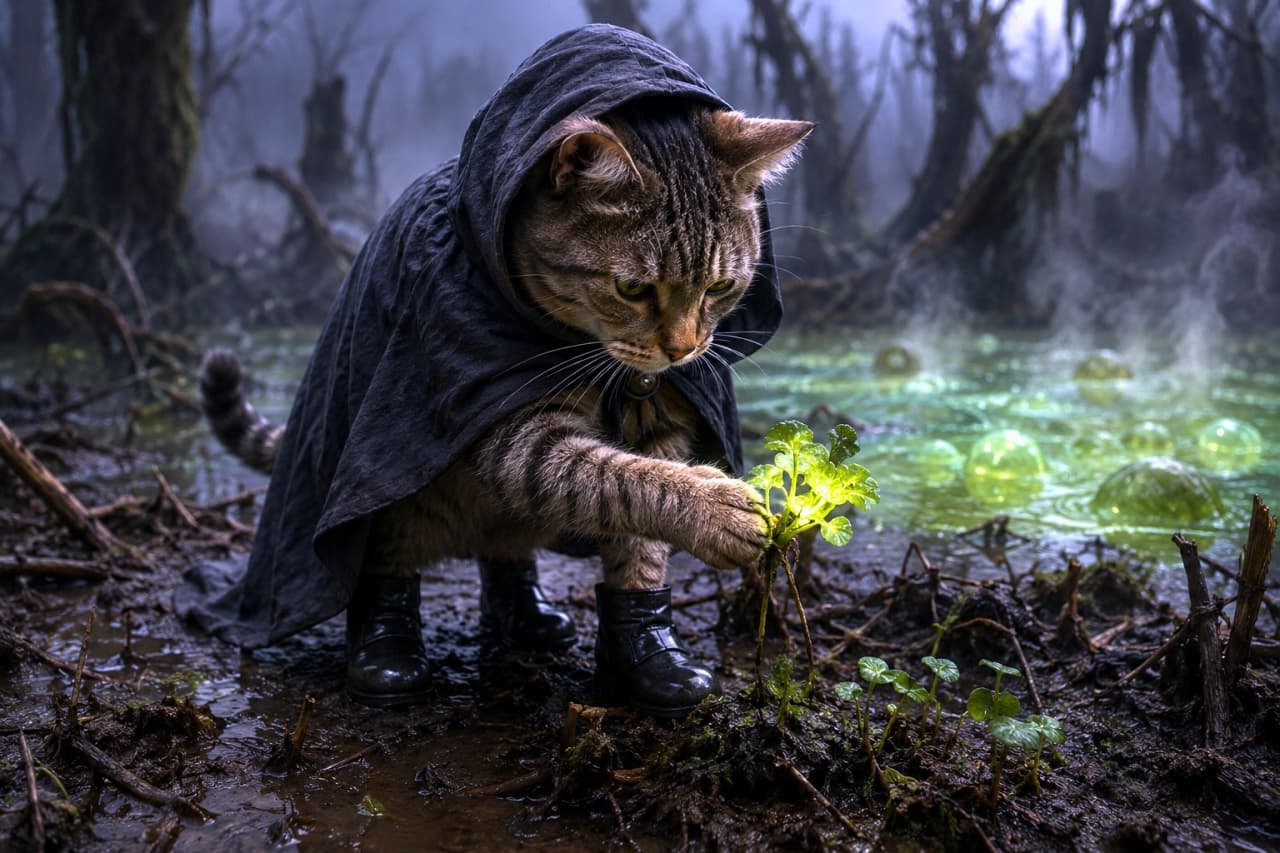 「魔法の薬草、発見にゃ!🧪✨霧の沼地を探索する魔術師猫ちゃん、冒険者感がたまらない🐈⬛🌿」Ultra-realistic high-quality photograph of a wizard cat wearing a black hooded cloak and boots, gently touching a glowing green magical plant in a misty, eerie swamp. 黒いフード付きのマントとブーツを身につけた猫が、霧がかった不気味な沼地で、緑色に光る魔法の植物にそっと触れている、高画質なリアル写真