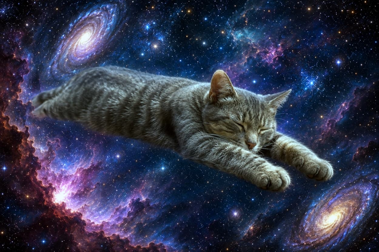 「宇宙の果てでスヤスヤお昼寝中💤無重力でのび〜っと眠る姿が尊すぎる…!星屑のベッドでどんな夢を見てるのかな?✨🪐」A surreal and photorealistic image of a grey tabby cat peacefully sleeping while floating in the center of deep outer space. The cat is lying flat on its stomach with its front paws extended straight forward in a relaxed posture. It is surrounded by a spectacular cosmic background filled with countless glittering stars, vibrant nebulas glowing in shades of purple, pink, and dark blue, and two prominent spiral galaxies visible in the upper-left and lower-right corners. The lighting softly illuminates the cat's detailed fur texture, creating a magical, serene, and breathtaking galactic atmosphere. 深宇宙の真ん中で心地よさそうに目を閉じて眠りながら、ぷかぷかと浮いているキジトラ(サバトラ)の猫を描いた、シュールで写実的な画像。猫はうつ伏せの状態で、前足をリラックスした様子でまっすぐ前に伸ばしています。周囲は、無数のきらめく星々や、紫、ピンク、濃い青に輝く鮮やかな星雲、そして左上と右下に配置された2つの美しい渦巻銀河で満たされた壮大な宇宙の背景に囲まれています。柔らかな光が猫のリアルな毛並みの質感を浮かび上がらせ、幻想的で穏やかな、息をのむような銀河の雰囲気を醸し出しています
