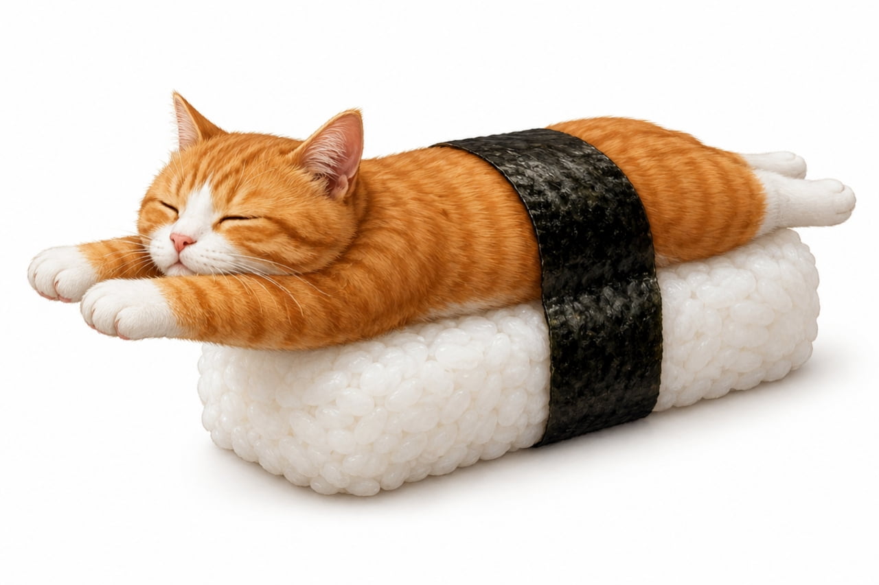 「大将、猫寿司いっちょ!🍣 食べちゃいたいほど可愛いニャンコの寝姿🤤💕」An ultra-realistic high-quality image of a ginger and white kitten sleeping on top of sushi rice wrapped in seaweed, isolated on a white background. 真っ白な背景に、お寿司のシャリの上に寝そべり、海苔で巻かれた茶トラ白の子猫のユーモラスな画像。猫は気持ちよさそうに目を閉じて伸びをしています