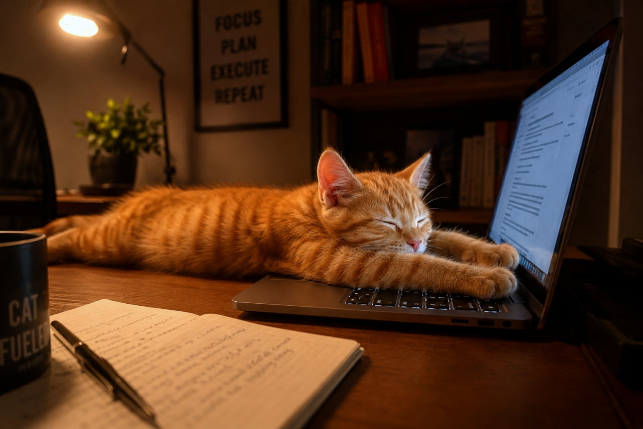 「お仕事の邪魔をするのが今日のお仕事💻💤 こんな可愛いお邪魔虫なら大歓迎ですよね?✨ #テレワーク #猫」Ultra-realistic high-quality photograph of an orange tabby kitten sleeping on a laptop keyboard at a cozy desk at night, lit by a warm desk lamp. 夜のデスクで、ノートパソコンのキーボードの上に顔を乗せて眠る茶トラの子猫。デスクライトの暖かな光が子猫を照らし、隣にはノートとペンが置かれている