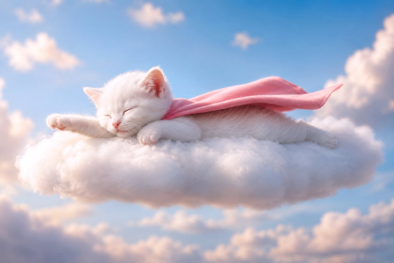 「夢の中では僕がヒーロー!マントをなびかせて雲の上をお散歩中だよ☁️💖 #夢の中 #猫のヒーロー」Ultra-realistic high-quality photograph of a fluffy white kitten wearing a pink hero cape, sleeping peacefully on a soft white cloud in a blue sky. 青空に浮かぶ白い雲の上で、ピンクのマントを羽織って眠る真っ白な子猫。まるで空を飛んでいるような幻想的なファンタジー構図
