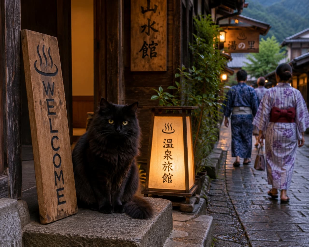 「いらっしゃいませニャ♨️ 旅の疲れは、自慢の温泉と僕のお出迎えで癒していってね🐈🌙 #温泉街 #観光PR #旅館の猫」Ultra-realistic high-quality photograph of a black cat sitting on the stone steps of a hot spring ryokan at dusk, between a wooden "WELCOME" sign and a glowing lantern. Tourists in yukata walk in the background. 夕暮れの温泉街の石畳で、「WELCOME」と書かれた木の看板と「温泉旅館」の行灯の間にちょこんと座る黒猫。奥には浴衣姿で歩く観光客の姿が見える、情緒あふれる高品質な写真