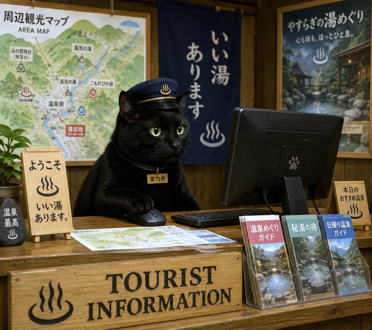 「本日のオススメ温泉、お調べしますにゃ♨️💻案内所の頼もしい黒猫スタッフ!🐾✨ #温泉旅行 #看板猫」Ultra-realistic high-quality photograph of a black cat wearing a uniform cap, using a computer mouse at a tourist information desk in a traditional hot spring town. レトロな温泉街の観光案内所で、駅長さんのような帽子を被った黒猫がパソコンのマウスに手を置いている。周囲には「いい湯あります」の看板や温泉マップ、パンフレットが並べられている