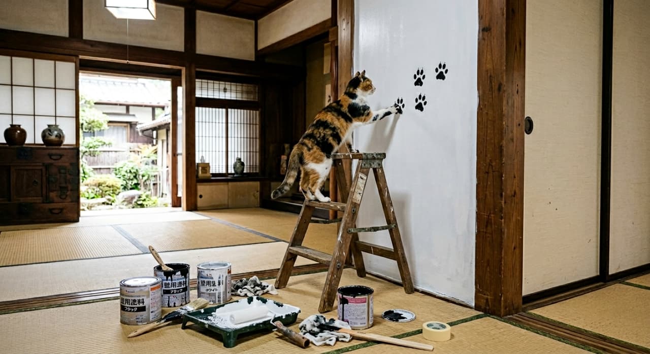 「にゃんとも器用な職人技!木製脚立を乗りこなして壁に肉球アートを描く三毛猫の親方、本日も絶好調です!🐾🎨」An ultra-realistic high-quality photograph of a clever calico cat standing on a vintage wooden stepladder, painting black paw prints onto a white wall inside a traditional Japanese room with tatami mats. 伝統的な日本の和室(畳と障子)で、古い木製の脚立の上に後ろ足で立ち、白い壁に黒い絵の具で肉球のスタンプを押している賢い三毛猫の姿。床にはペンキ缶やローラー、ブラシが散らばっている
