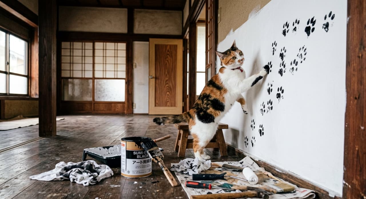 「ちっちゃな踏み台で背伸びして頑張る姿が愛おしい!一生懸命お部屋を模様替え(?)中の三毛猫ちゃんをお届け🥰」An ultra-realistic high-quality photograph of a playful calico cat standing on a small wooden stool, stamping black paw prints on a white wall, with Japanese art ink cans and tools scattered on the floor. 古民家風のフローリングの部屋で、小さな木製の踏み台(スツール)に後ろ足で立ち、白い壁に黒い肉球の足跡スタンプを押している三毛猫。床には「アート用墨汁」と書かれた缶や工具、雑巾がリアルに散らばっている