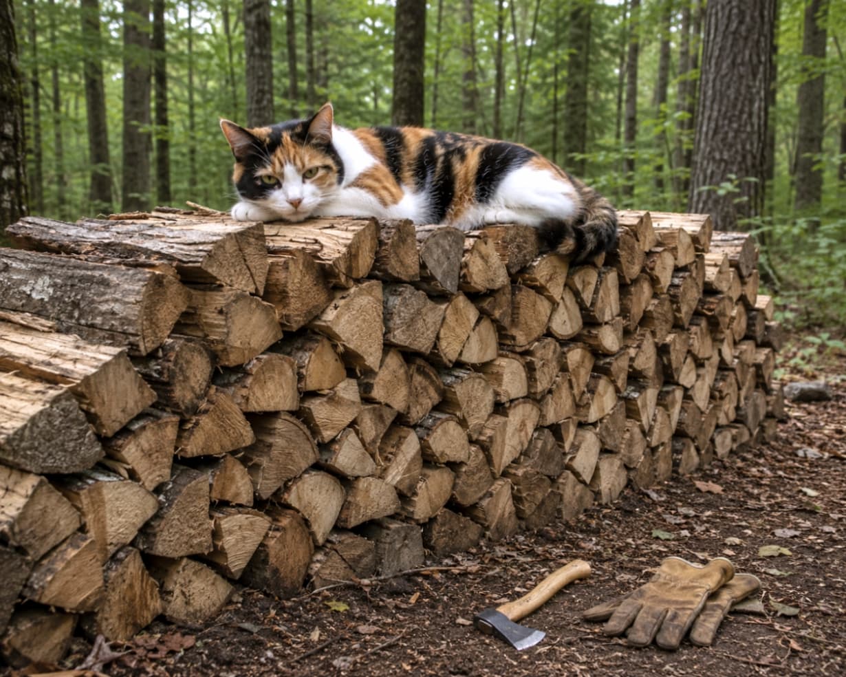 「薪割りはお休みして、ちょっとひと休み🌲🐈 薪のベッドって意外と寝心地がいいにゃ💤 #アウトドア #キャンプ猫」Ultra-realistic high-quality photograph of a calico cat lying on beautifully stacked firewood in a lush forest, looking at the camera. Leather gloves and a hand ax are placed in the foreground. 緑豊かな森の中で、綺麗に積まれた薪の上に三毛猫が寝そべってこちらを見つめている。手前には革手袋と手斧が置かれている、高画質でリアルな写真