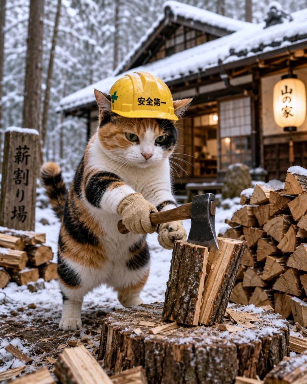 「安全第一!雪の降る中の薪割りはお任せあれ🪵🪓冬の寒さも吹き飛ばすパワフルにゃんこ😼❄️ #薪割り #アウトドア猫」Ultra-realistic high-quality photograph of a calico cat wearing a yellow safety helmet and gloves, chopping wood with an axe in front of a snowy mountain cabin. 雪が降る冬の山小屋の前で、黄色い安全ヘルメットと軍手を身につけた三毛猫が、小さな斧を両手で持って薪割り作業をしているダイナミックな瞬間