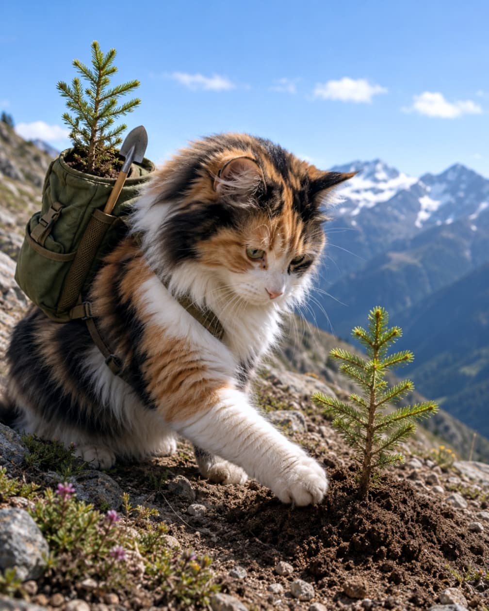 「豊かな森を未来へ繋ぐニャ🌲✨ 険しい山頂での植樹活動も、地域の自然を守るための大切な一歩!⛰️🐈 #森林保全 #植樹 #SDGs」Ultra-realistic high-quality photograph of a calico cat wearing a tiny backpack with a shovel, planting a small fir tree sapling on a rocky mountain peak with snow-capped mountains in the background. 壮大な雪山を背景に、小さなスコップと苗木が入ったリュックを背負い、岩場にモミの木の苗を植えている三毛猫。森林保全や環境保護活動に励む姿を捉えた高品質な写真