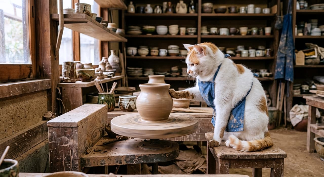 「静かな工房で真剣に粘土と向き合う猫職人🐾 どんな作品ができるか、そっと見守っていてね✨ #猫のいる暮らし #猫 #陶芸」An ultra-realistic high-quality photograph showing a wide view of a rustic Japanese pottery workshop. A white cat with ginger patches sits on a wooden stool, wearing a small apron, and stretches one paw toward a clay pot on a spinning wheel. The entire background is filled with shelves of various handmade ceramics under soft, natural light, capturing a peaceful documentary-style moment. 昔ながらの日本の陶芸工房の全体を捉えたワイドアングルの写真。茶白の猫が小さな木製の椅子に腰掛け、青いエプロンを着て、電動ろくろの上の粘土に片方の前足を優しく伸ばしています。工房内には無数の手作りの器や皿が整然と棚に並べられており、窓から差し込む優しい自然光が作業場全体をレトロで落ち着いた雰囲気に仕上げています