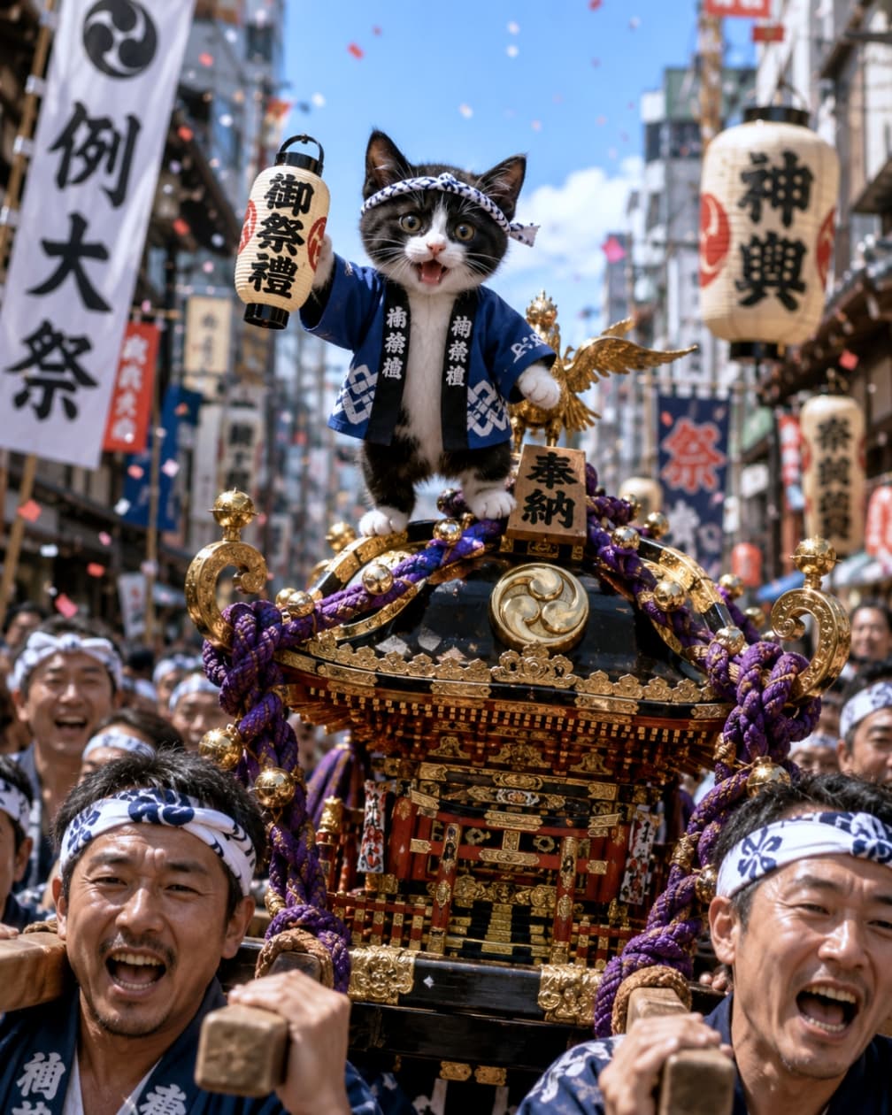 「ワッショイ!ワッショイ!🐾 今日のお祭りの主役はアタシにゃ!🏮✨ みんな盛り上がっていくよ〜! #お祭り #ねこ部」Ultra-realistic high-quality photograph of a cute tuxedo kitten wearing a happi coat and a twisted headband, standing on a gorgeous portable shrine and holding a lantern in a lively Japanese festival. 活気ある日本の祭りの中で、法被とねじり鉢巻を身につけたハチワレの子猫が、豪華な神輿の上に立ち「御祭禮」と書かれた提灯を掲げている、高画質でリアルな写真
