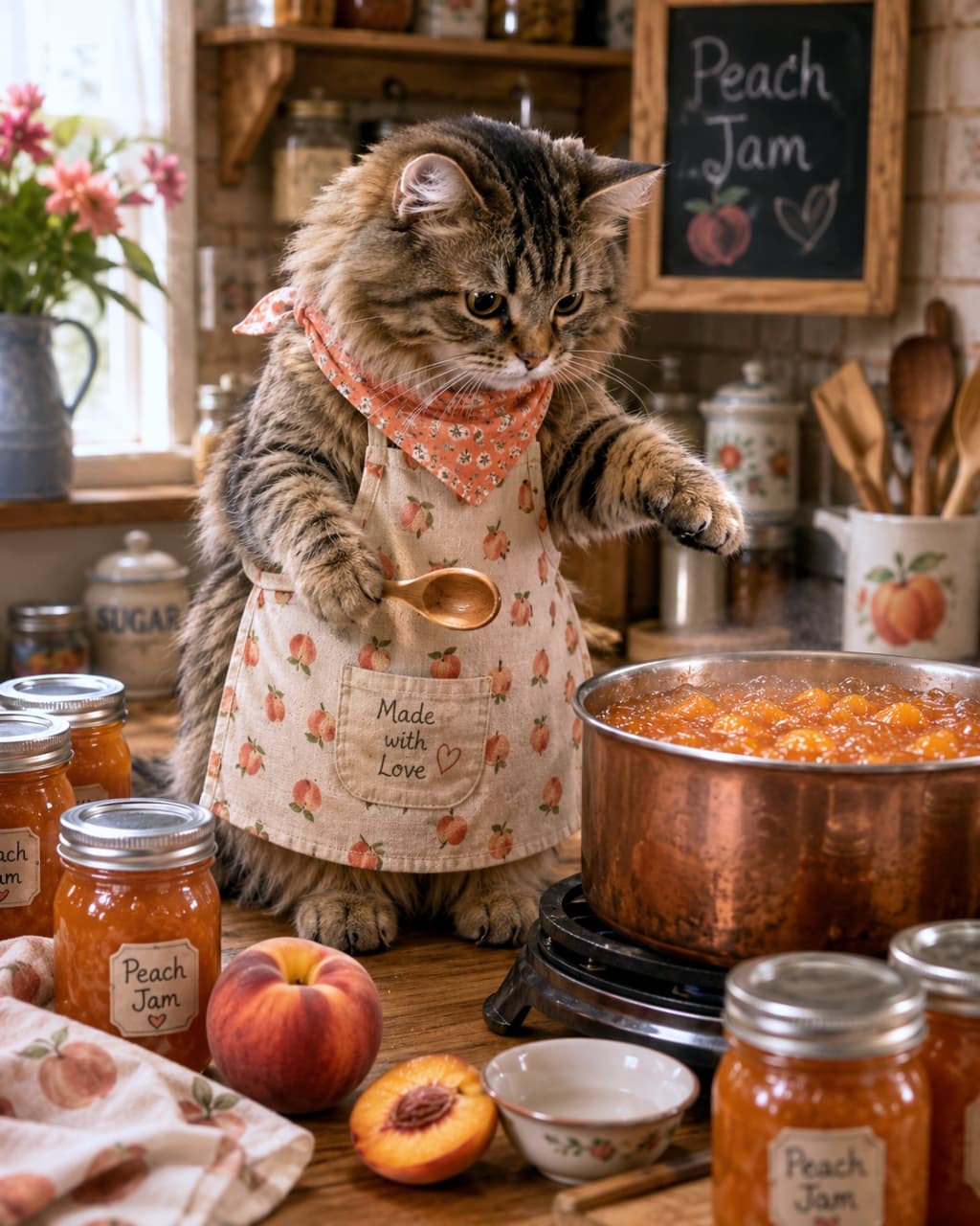 「特製ピーチジャム、美味しくな〜れ!🍑🥄愛情たっぷりの手作りジャムはいかが?🐱💕 #猫のいる暮らし #手作りジャム」Ultra-realistic high-quality photograph of a fluffy tabby cat wearing an apron, stirring a pot of peach jam with a wooden spoon in a rustic kitchen. カントリー調の温かみのあるキッチンで、桃柄のエプロンとバンダナをつけた長毛のキジトラ猫が、鍋でグツグツと煮込まれているピーチジャムを木のスプーンでかき混ぜている様子。周りには完成したジャム瓶や桃が置かれている