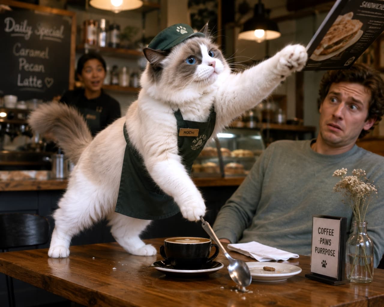 「「ご注文はこちらニャ!」🐾 メニューに夢中な猫店員さんに、お客さんもびっくり!?☕️✨」Ultra-realistic high-quality photograph of a fluffy cat in a green cafe uniform reaching for a menu on a table, with a surprised cafe staff in the background. カフェのエプロンと帽子を身につけた長毛猫がテーブルに乗り出し、メニューに手を伸ばす様子。奥には驚く店員の姿
