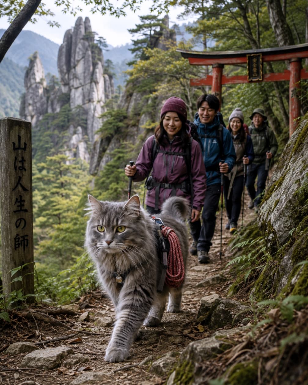 「山の主が直々にご案内!?🐈🏔️ 頼もしすぎるモフモフガイドさんと一緒に、いざ頂上へ!✨ #登山 #巨大猫」Ultra-realistic high-quality photograph of a giant fluffy cat carrying a rope, leading a group of hikers on a rugged mountain trail with a torii gate and strange rocks in the background. 鳥居や奇岩がそびえる険しい登山道で、ロープを背負った巨大な長毛の猫がハイカーのグループを先導して歩いている、高画質でリアルな写真