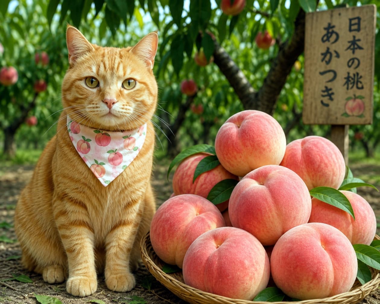 「今年の桃も甘くて最高に美味しくできたニャ🍑✨ 地域の特産品を、僕が全国にしっかりアピールするよ!🐈🎁 #農産物PR #特産品 #桃農家」Ultra-realistic high-quality photograph of a ginger cat wearing a peach-patterned bandana, sitting next to a basket of freshly harvested, juicy peaches in a peach orchard. 桃の柄のバンダナを巻き、収穫されたばかりの瑞々しい桃が盛られたザルの横に座る茶トラ猫。背景にはたわわに実る桃の木と、「日本の桃 あかつき」と書かれた木札がある高品質な写真