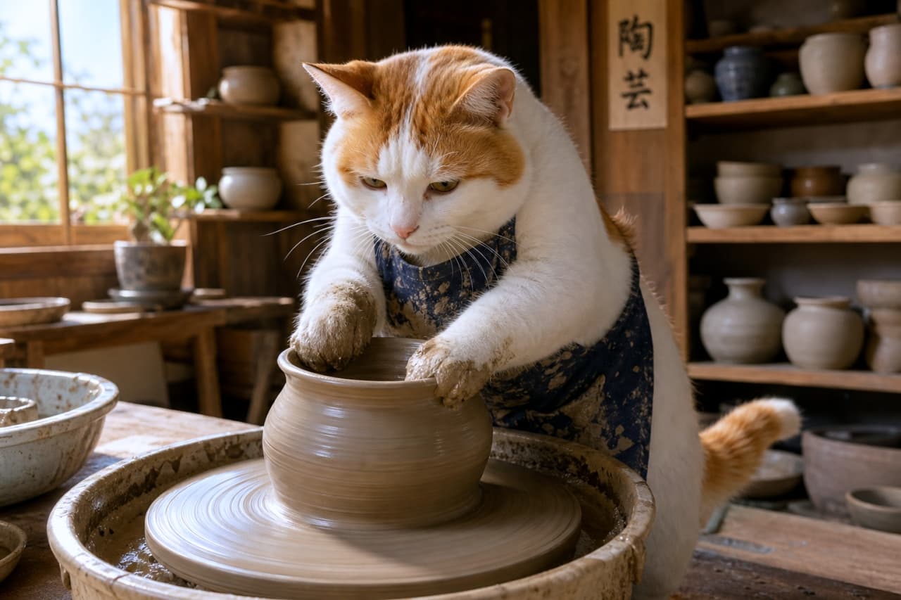 「本日の職人猫ちゃん🐾 ろくろを回す前足のタッチは超繊細ニャ!器の出来栄えに乞うご期待✨ #猫 #陶芸」An ultra-realistic high-quality photograph of a ginger and white cat wearing a small, clay-stained apron, gently pressing its real feline front paws against a soft clay pot spinning on a pottery wheel. The scene is captured in a close-up shot inside a cozy, rustic Japanese pottery studio with natural sunlight. The background features shelves filled with handmade pottery, creating an authentic documentary-style atmosphere. 温かい光が差し込む日本の伝統的な陶芸工房で、茶白の猫が青いエプロンを身にまとい、電動ろくろの上で回転する粘土の器に両前足をそっと添えているクローズアップ写真。猫の足は本物の猫らしく丸みを帯びており、濡れた粘土が毛並みに自然に付着しています。背景には手作りの陶器が並ぶ棚や「陶芸」と書かれた木製の看板が見え、ドキュメンタリー調のリアルな質感が表現されています