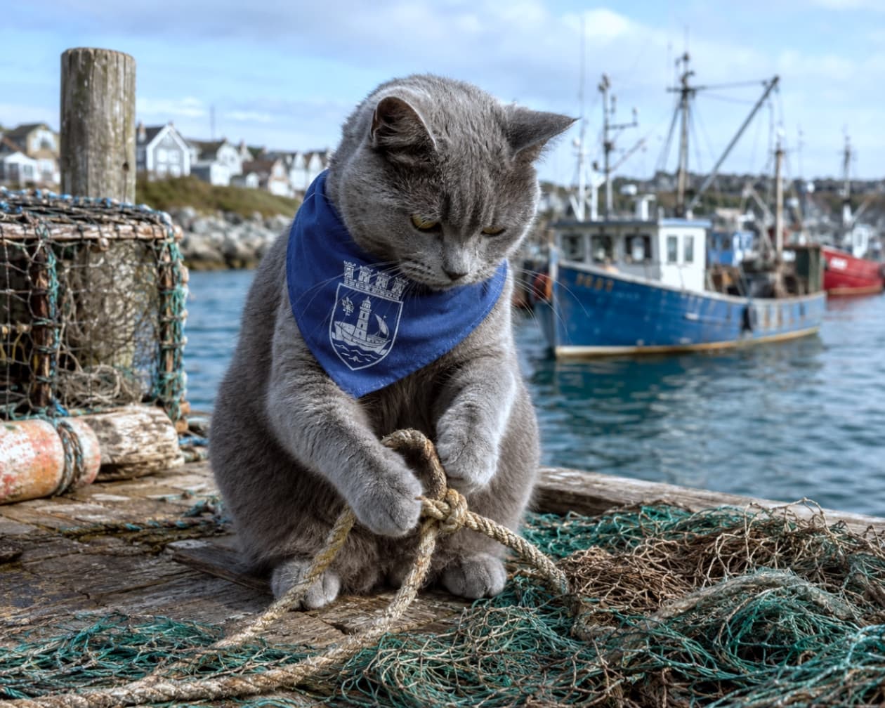 「漁港のロープ結びはお手のもの!⛵🐾潮風を感じる港町の頼れるお仕事にゃんこ🐟✨ #港猫 #働く猫」Ultra-realistic high-quality photograph of a grey cat wearing a blue bandana, playing with a fishing rope on a wooden pier at a fishing port with boats in the background. 青い空と海が広がる漁港で、青いオリジナルバンダナを巻いた灰色の猫が、器用に前足で漁具のロープを結んでいるような仕草をしているリアルな風景。背景には漁船が停泊している
