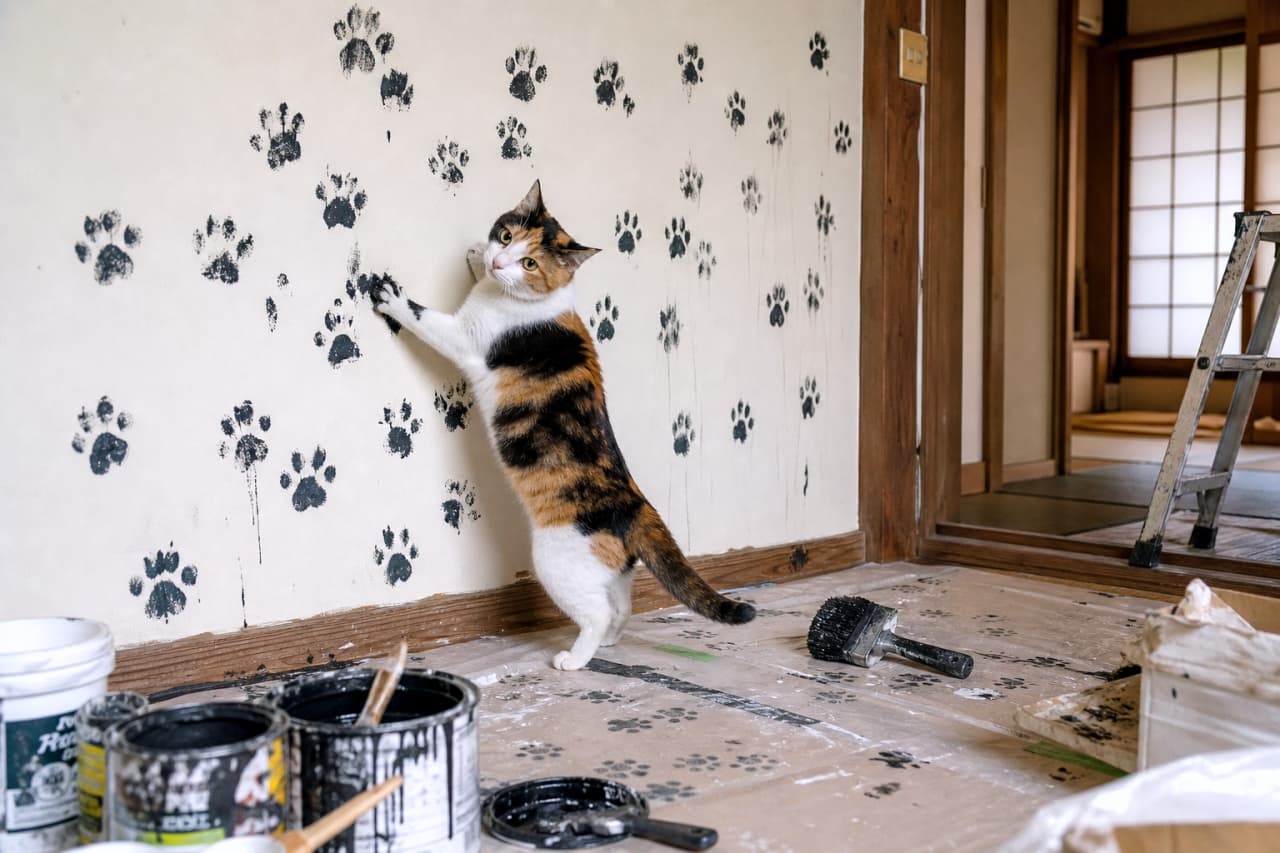 「あ、見つかっちゃった!?壁一面を肉球スタンプだらけにしちゃった犯人は…このドヤ顔の三毛猫ちゃんです😂🐾」An ultra-realistic high-quality photograph of a mischievous calico cat standing on its hind legs against a wall filled with black paw prints, looking directly at the camera with a guilty but cute expression. 和室の黄色がかった壁一面に、たくさんの黒い肉球スタンプが押されている前で、後ろ足で立ちながら壁に前足をかけ、カメラをじっと見つめている三毛猫の写真。手前にはペンキ缶が置かれている