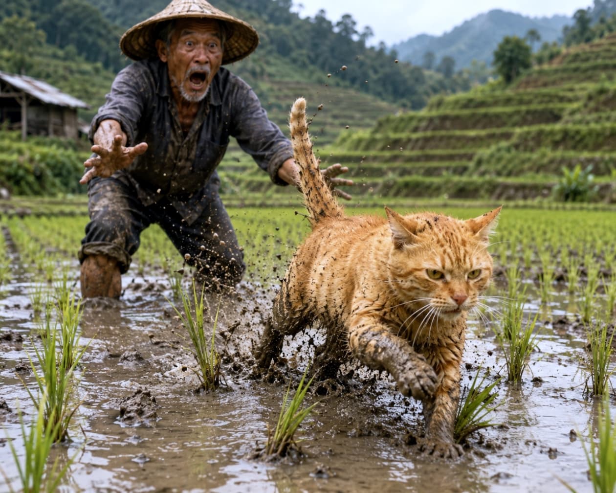 「「あーーっ!そこは走っちゃダメだー!!」👨🌾💦 田んぼの泥んこ遊びを全力で楽しむ猫ちゃん🐈💨 #田舎暮らし #ハプニング」Ultra-realistic high-quality photograph of a muddy ginger cat running and splashing in a flooded rice paddy, with a surprised farmer throwing his hands up in the background. 水の張られた田んぼの中を、泥だらけになった茶トラ猫が水しぶきを上げて走っており、後ろで農夫が驚いて両手を広げている、高画質でリアルな写真