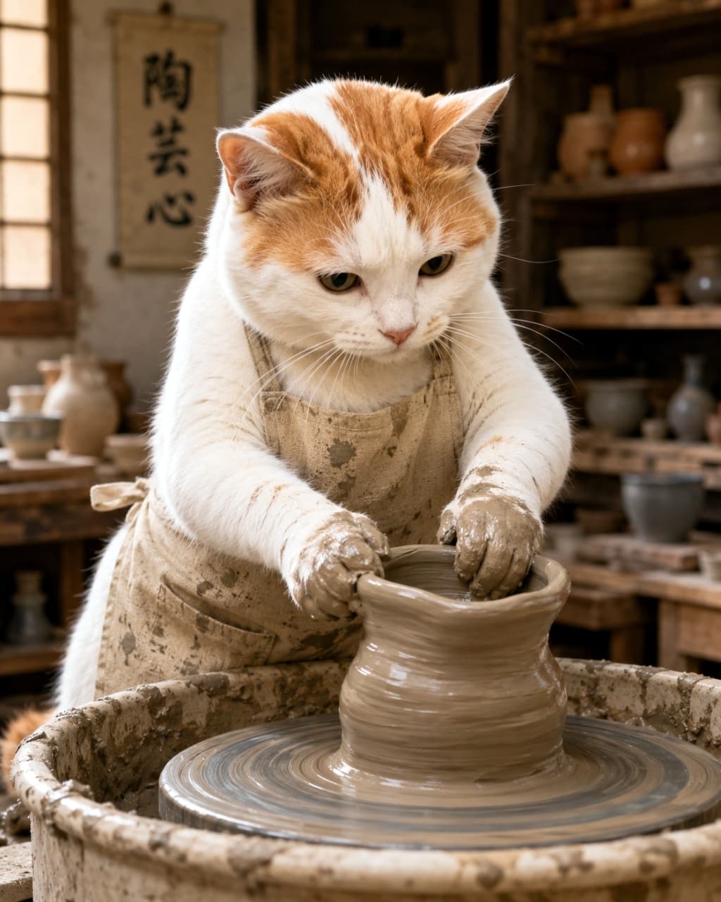 「地域の伝統技術、しっかり受け継ぐニャ🐾 泥だらけになりながら、今日も心を込めて作品と向き合います🏺✨ #伝統工芸 #陶芸 #職人猫」Ultra-realistic high-quality photograph of an orange and white cat wearing a mud-splattered apron, seriously shaping a clay pot on a pottery wheel in a traditional Japanese pottery studio. 泥で汚れた作業エプロンを身につけ、真剣な表情でろくろを回して壺を作る茶白猫。背景には「陶芸心」の掛け軸や焼き物が並ぶ、伝統的な陶芸工房の雰囲気が漂う高品質な写真
