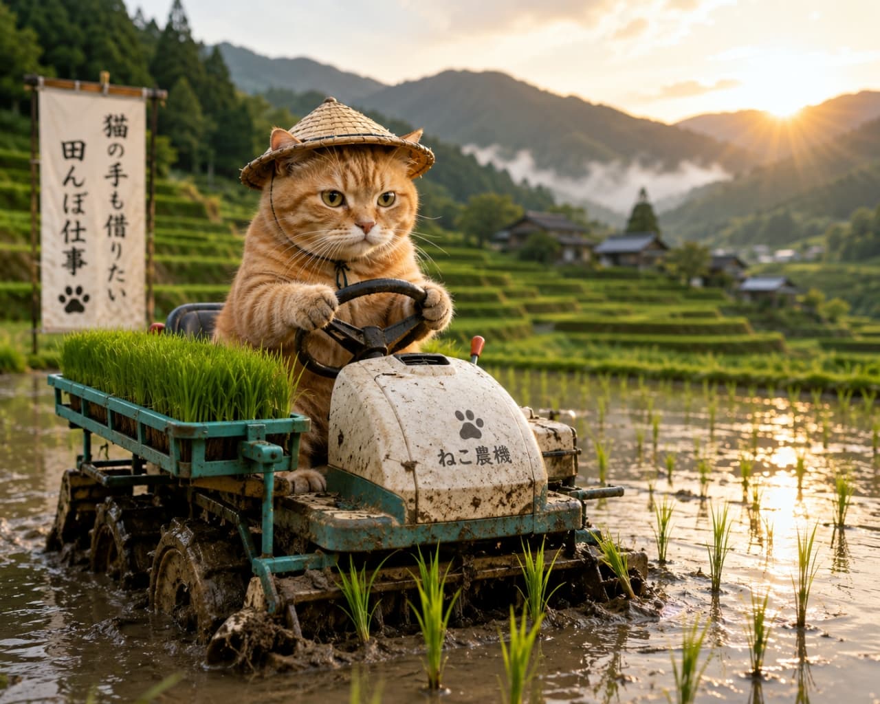「夕暮れの棚田で田植え中!🌾🚜「猫の手も借りたい」忙しさ、お手伝いするにゃ🐱✨ #ねこ農機 #猫のいる風景」Ultra-realistic high-quality photograph of an orange tabby cat wearing a straw hat driving a small rice transplanter in a beautiful terraced rice field at sunset. 夕暮れの美しい棚田で、麦わら帽子を被った茶トラ猫が「ねこ農機」と書かれた小さな田植え機を運転している様子。「猫の手も借りたい田んぼ仕事」というのぼりが立っている