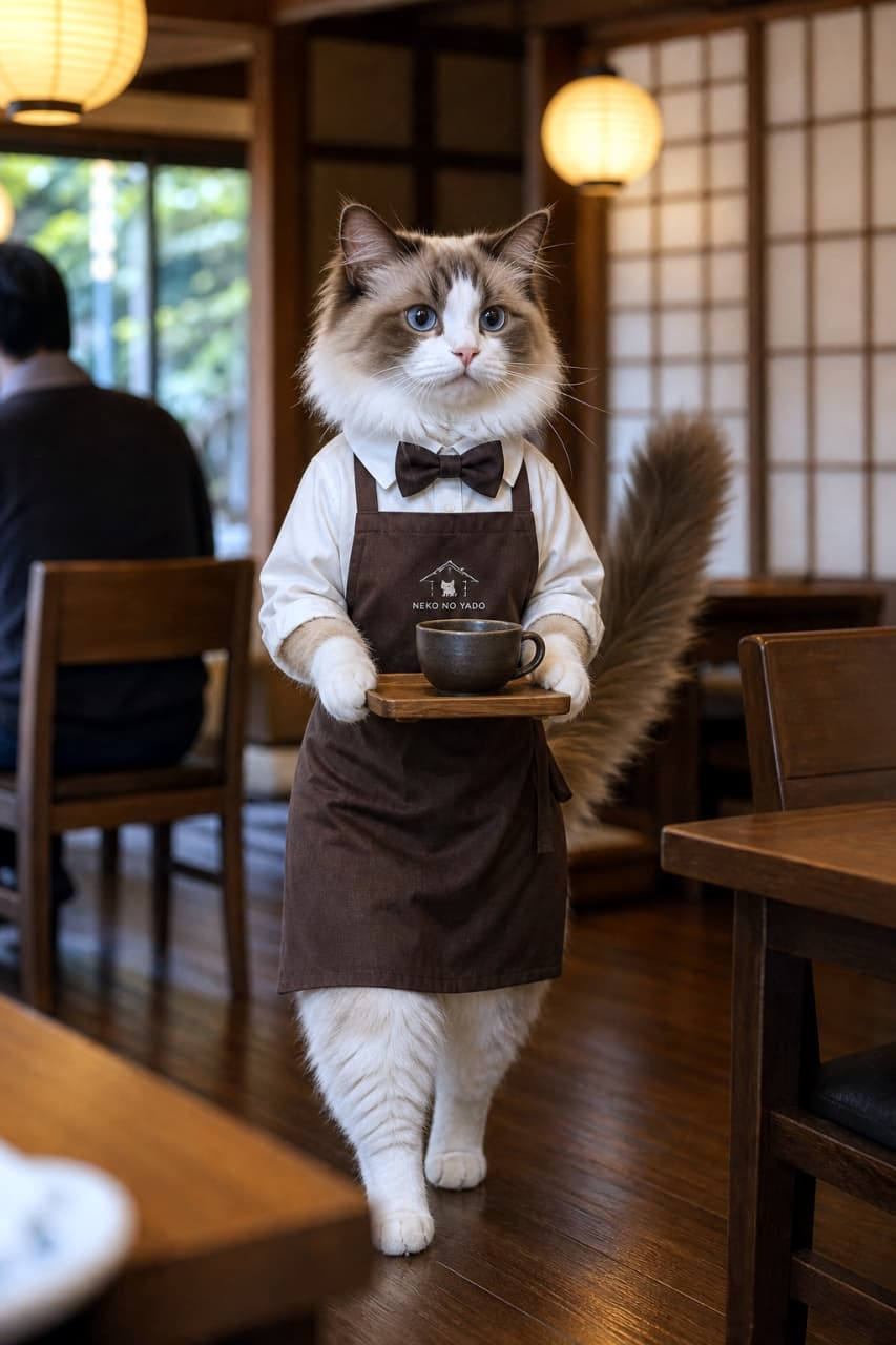 「可愛い猫バリスタが淹れたてコーヒーをお席までお届けニャ🐾✨温かい和カフェで、もふもふ店員さんに癒やされませんか?☕🐈 #古民家カフェ #ラグドール」A highly detailed, photorealistic image of a fluffy Ragdoll cat standing upright on its two hind legs, dressed in a barista uniform consisting of a white shirt, brown bow tie, and a brown apron with the logo "NEKO NO YADO". The cat is gently holding a small wooden tray with a dark ceramic coffee cup in its front paws, walking toward the viewer through a warmly lit, modern Japanese-style cafe decorated with wooden furniture, shoji screens, and soft glowing paper lanterns. 白いシャツに茶色の蝶ネクタイ、そして「NEKO NO YADO」のロゴが入った茶色いエプロンを身につけたふわふわのラグドール猫が、2本足で直立している写実的な画像です。猫は前足で黒っぽい陶器のコーヒーカップが乗った小さな木製トレイを大切そうに持ち、障子や温かく光る和紙の提灯、木製家具で装飾されたモダンな和風カフェの店内をこちらに向かって歩いています