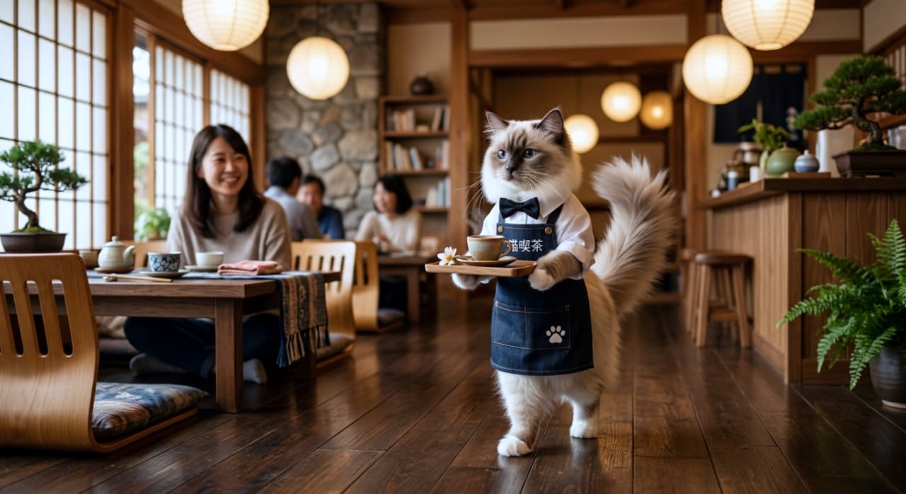 「お待たせしましたニャ☕️🌿 空き家を活用した古民家カフェ、今日の看板猫スタッフも大忙しです!🐈💨 #古民家カフェ #空き家活用 #看板猫」Ultra-realistic high-quality photograph of a Ragdoll cat walking on two hind legs, wearing a bowtie and denim apron, carrying a cup of coffee on a tray in a renovated traditional Japanese cafe. 蝶ネクタイと「猫喫茶」と書かれたデニムエプロンを着用し、お盆に乗せたコーヒーを二本足で運ぶ長毛種のラグドール猫。背景には古民家を改装したカフェでくつろぐお客さんたちがいる高品質な写真