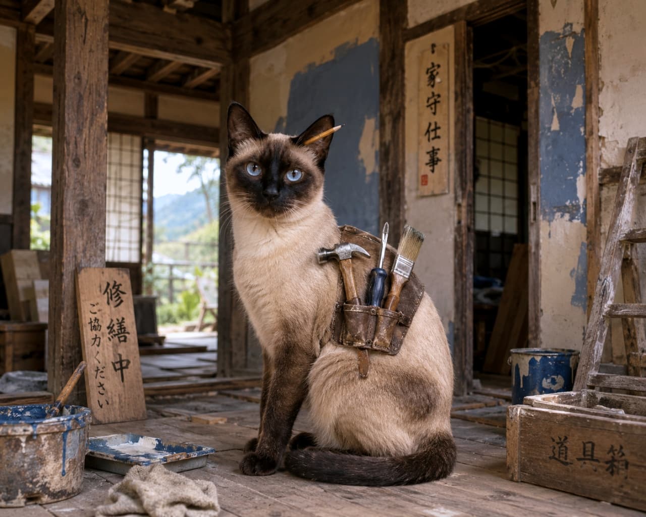 「古民家リノベーション、ただいま修繕中!🔨😺耳に挟んだ鉛筆が職人の証にゃん✨ #大工猫 #古民家再生」Ultra-realistic high-quality photograph of a Siamese cat wearing a tool belt with a hammer, screwdriver, and brush, sitting in a traditional Japanese house under repair. 修繕中の古い日本家屋に座るシャム猫。腰にはハンマー、ドライバー、ハケが入った特製の道具袋を巻き、耳には鉛筆を挟んでいる。「修繕中」の木の看板と道具箱が置かれている