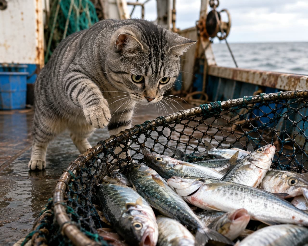 「「本日の大漁ゲットだニャ!」🐟 船の上で新鮮なお魚を狙うハンター猫ちゃんのお仕事風景🚢🐾」Ultra-realistic high-quality photograph of a tabby cat on a wet fishing boat deck reaching for fresh fish in a net basket. 漁船の濡れた甲板で、新鮮な魚がたっぷり入った網カゴに真剣な表情で前足を伸ばしているサバトラ猫