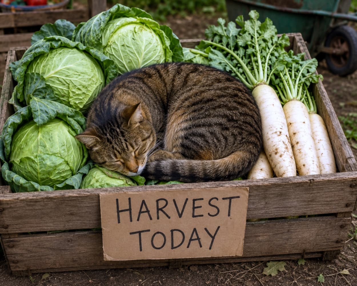 「採れたて野菜のベッドはひんやりして気持ちいいニャ〜🥬💤 農家さんの特等席でお昼寝中🐈 #農業 #猫のいる農園」Ultra-realistic high-quality photograph of a tabby cat curled up and sleeping surrounded by fresh cabbages and radishes in a wooden crate with a cardboard sign that says "HARVEST TODAY". 「HARVEST TODAY」と書かれたダンボールの札が貼られた木箱の中で、新鮮なキャベツと大根に囲まれてキジトラ猫が丸まって眠っている、高画質でリアルな写真